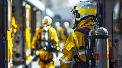 Naklejka premium Emergency response scene highlighted with vivid yellow and cool silver hues