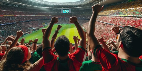 A fan at a soccer stadium excitedly raises his arms, immersed in the thrilling World competition event surrounded by lush green grass. AIG41