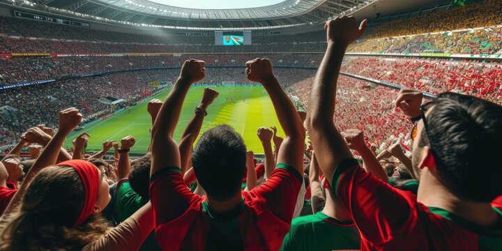A fan at a soccer stadium excitedly raises his arms, immersed in the thrilling World competition event surrounded by lush green grass. AIG41