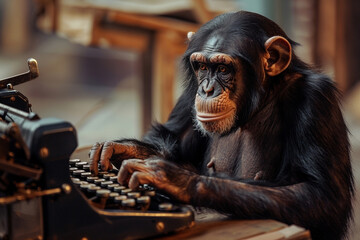 An image of a chimpanzee sitting in front of a vintage typewriter - Generative AI
