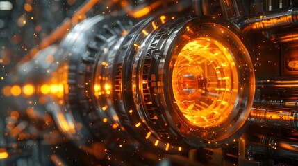 The quantum jet engine, with its glowing core and intricate design, set against an industrial background.
