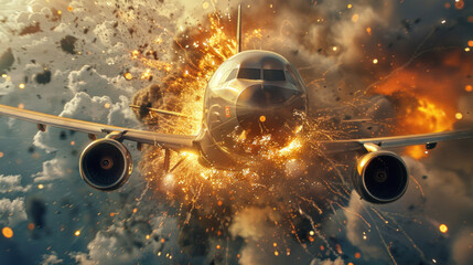 Airplane disintegrates in mid-air, explosions and sparks filling the sky.