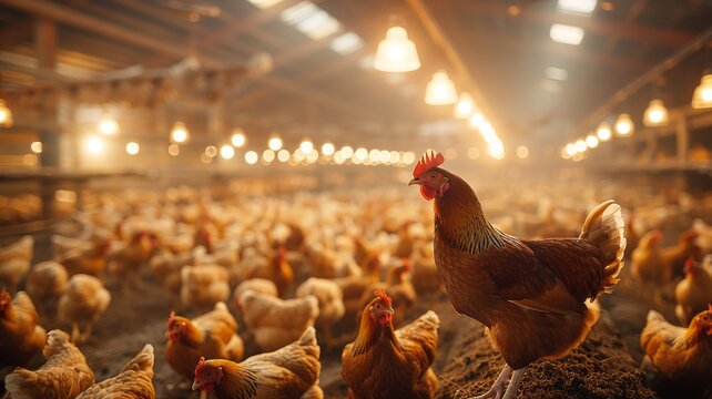 Large chicken coop filled with feeding birds and bright lamps