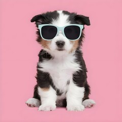 A dog wearing sunglasses is shown with a pink background
