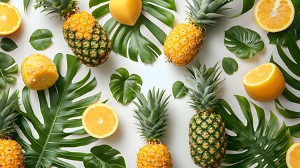 A flat lay composition of pineapples and tropical leaves on a white background, showcasing the juicy fruit's texture and natural beauty.
