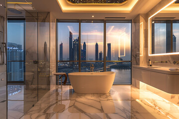 Luxurious Modern Bathroom with a Panoramic View of the City at Sunset