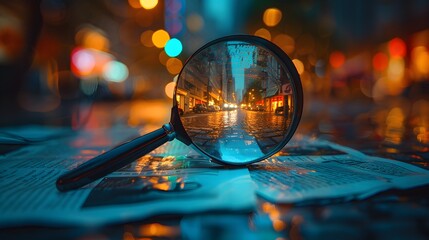 A magnifying glass over newspaper clippings, reflecting the city lights in its surface, symbolizing search and discovery.
