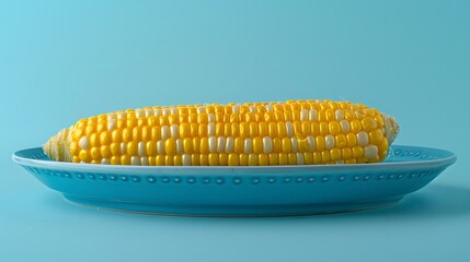 Large golden yellow ears of corn on the cob, perfectly coiled and sitting in an elegant blue plate with a clear light blue background.
