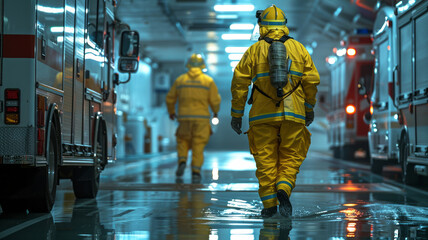 Obraz premium Emergency response scene highlighted with vivid yellow and cool silver hues