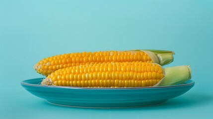 Large golden yellow ears of corn on the cob, perfectly coiled and sitting in an elegant blue plate with a clear light blue background.
