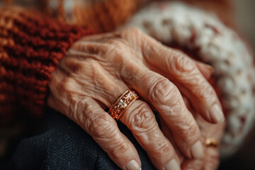 Fototapeta premium Elderly woman’s hands expressing life’s journey with timeless jewelry pieces.