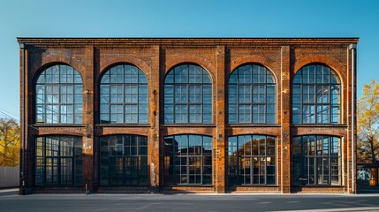 An old industrial building with large windows, set against the backdrop of Berlin's historic architecture. The brick facade is adorned with arched.
