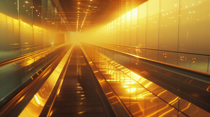 Airport conveyor, its metallic canopy shimmering under hazy illuminations, evoking a sense of motion and travel.