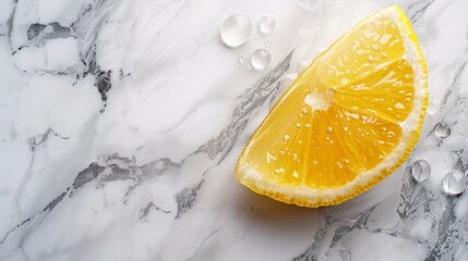 A fresh lemon wedge with water droplets on a marble surface, capturing its vibrant yellow color and juicy texture.