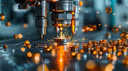 Sleek, automated machinery manufactures shining metal parts efficiently