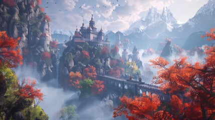 Mystical castle perched on a foggy mountain surrounded by vibrant autumnal forest and towering snow-capped peaks under a serene sky.
