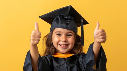 Faceless child in a graduation cap and gown giving a thumbs-up 
