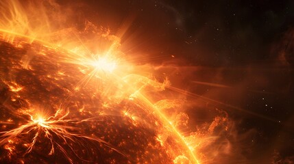 Obraz premium A powerful solar flare erupting from the surface of The Sun, with bright flames and energy emanating outwards into space against a black background. 