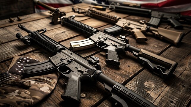 Multiple guns laid out on a wooden surface in a rustic room, with an American flag displayed prominently in the background. copy space for text.