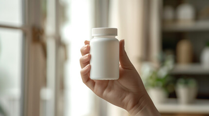 a woman's hand is holding an empty white medicine bottle, Ai generated Images