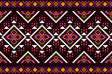 Pixel ethnic pattern, Vector embroidery pattern background, Geometric traditional triangle style, Blue and orange pattern knitting vintage, Design for textile, fabric, batik, kaftan, fibres