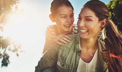 Mother, girl and outdoor for piggy back with smile, bonding on vacation in Australia. Female...