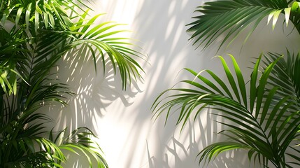 A white wall with palm leaves and shadow in the background, creating an elegant and minimalist backdrop for product display or presentation.
