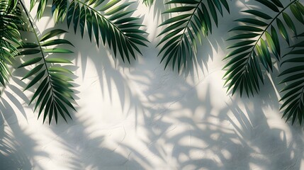 A white wall with palm leaves and shadow in the background, creating an elegant and minimalist backdrop for product display or presentation.
