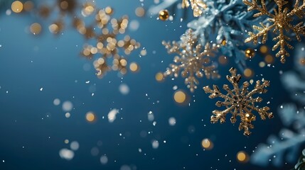 Blue background with golden snowflakes falling in the upper left corner, creating an elegant and festive atmosphere for Christmas or New Year.
