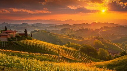 A breathtaking sunset over rolling vineyards and hills showcasing vibrant colors and a serene, idyllic countryside landscape.