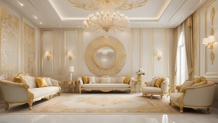 Royal luxury living room interior design, modern ivory and golden interior design, luxurious living room design of a king palace, photo realistic background