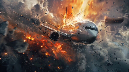 Airplane in distress, fragments breaking away amidst explosions and sparks.
