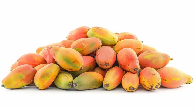 A heap of ripe mangoes with vibrant orange and green hues piled on a white background. Fresh tropical fruits.