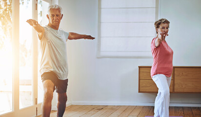 Love, exercise and elderly couple with yoga in home for spiritual wellness, mobility or body...