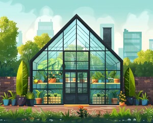Beautiful urban greenhouse surrounded by lush plants, with a backdrop of city buildings, perfect for gardening enthusiasts and city dwellers.
