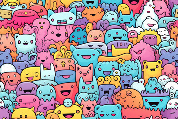 Seamless pattern with pastel-colored and funny doodles, high-quality and ready for print