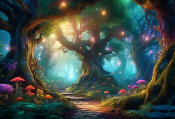 enchanting fairytale forest whimsical characters magical atmosphere, scene, fantasy, landscape, dreamy, mystical, surreal, vibrant, colorful, imaginative