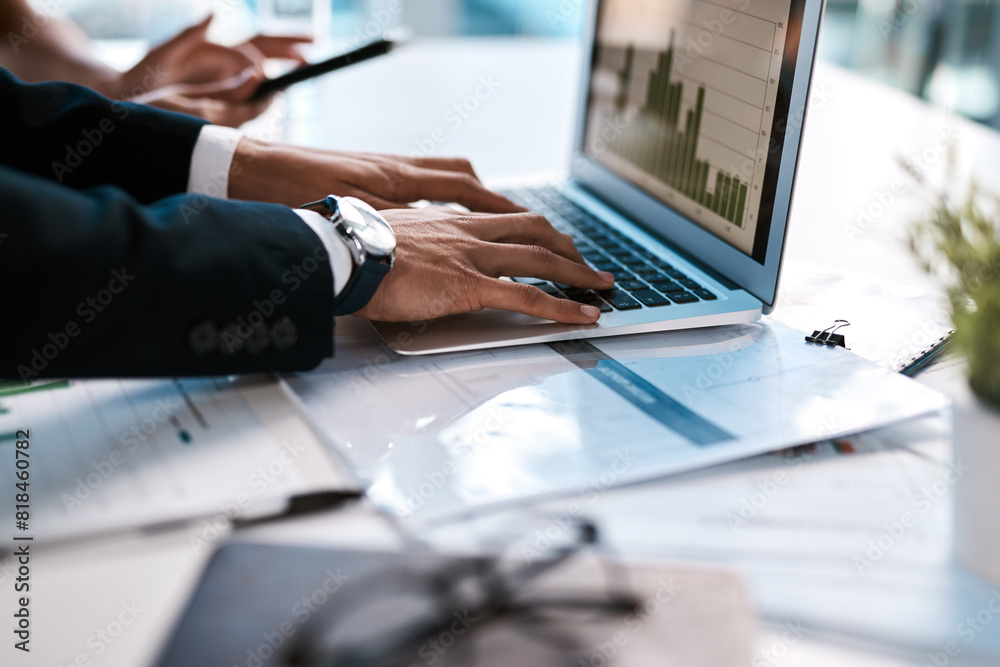 Poster laptop, collaboration and hands of people with charts, graphs and data analysis for business growth.