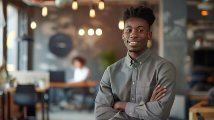 Fototapeta premium A young African American office worker, conveying strength and ambition, accompanied by generous copy space for tailored messaging and branding.