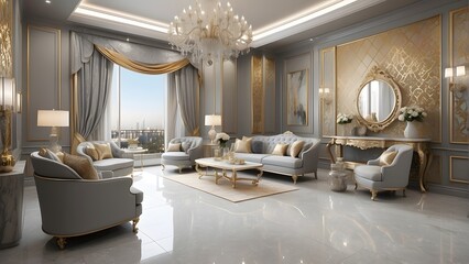 Royal luxury living room interior design, modern silver and golden interior design, luxurious living room design of a king palace, photo realistic background