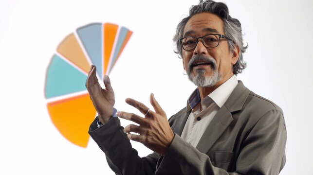 A business professional presenting a colorful pie chart during a corporate meeting or data analysis session with hand gestures.