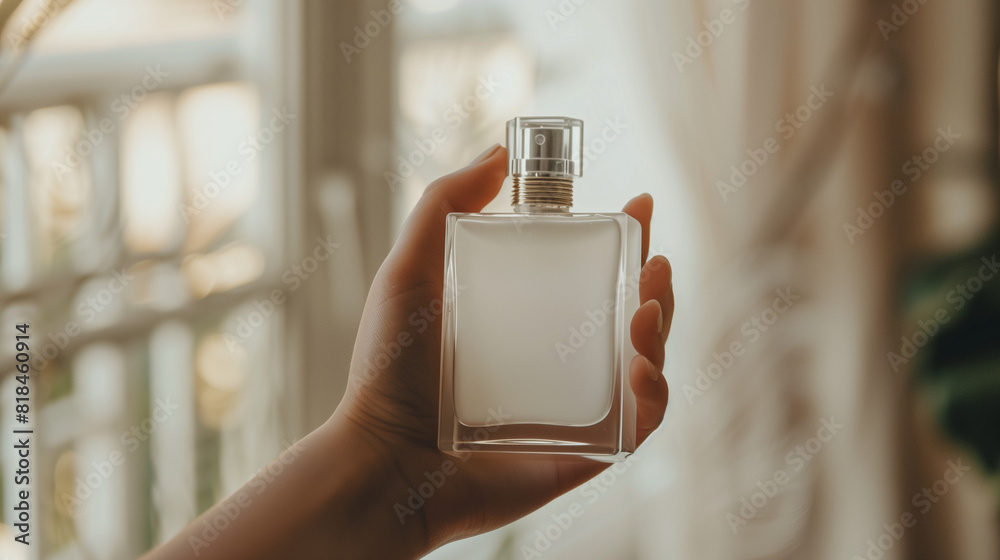 Wall mural a person's hand is holding an empty white perfume bottle, ai generated images - Wall murals