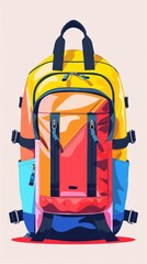 Fototapeta premium Colorful modern backpack with multiple compartments and zippers, perfect for travel, school, or outdoor activities. Lightweight and durable design.