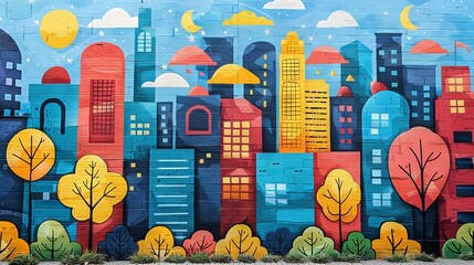 Colorful mural of a cityscape with vibrant buildings and trees. Captures urban art and creativity. Suitable for artistic and urban themes.