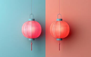 Colorful pink lanterns suspended against blue and coral walls, highlighting cultural decor and vibrant design elements.