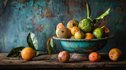 A rustic wooden table with a bowl of various fruits including oranges, pears, and rustic leaves...