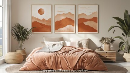 contemporary set of mountain and botanical wall art with earthy tones featuring sun and moon elements digital painting
