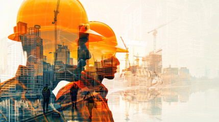 Double exposure graphic design, the essence of collaboration and teamwork among building engineers, architects, and construction workers is vividly portrayed in construction projects.