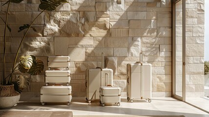 Obraz premium Soft beige tones highlight a travel cart stacked with stylish suitcases