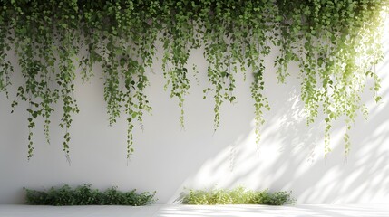Wall with green plants hanging, vines, floor, volumetric light, white background, .
